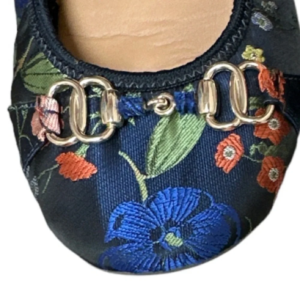 Me Too Olympia Ballet Flat Satin Floral w/ Metal Bit Trim Cushioned Driving Sole